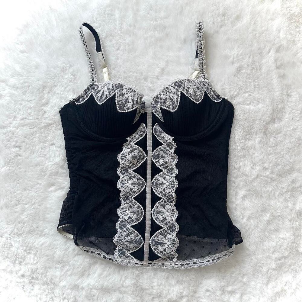 Y2K Dark Coquette Black & White Lace Corset Top - Tagged 34B